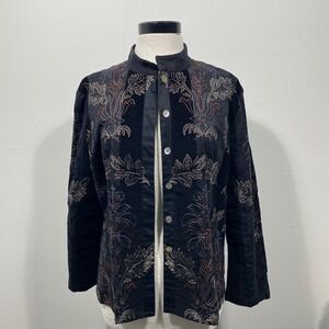 Susan Bristol Black Beaded Embroidered Velvet Satin Jacket Mandarin Collar Large